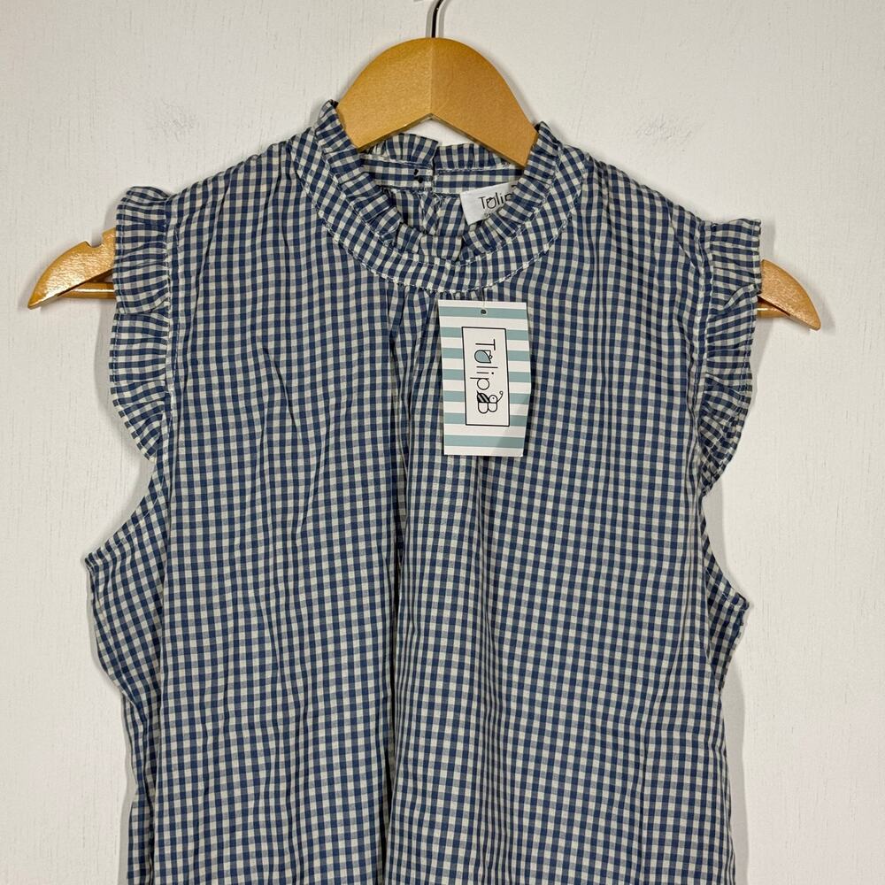Tulip B Women’s Small Blue White Gingham Sleeveless Blouse Ruffle Mock Neck NWT - Picture 3 of 8